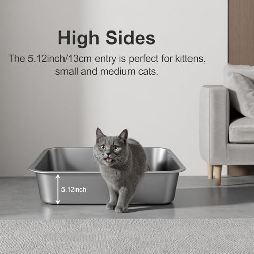 Stainless Steel High Sided Cat Litter Box | Sturdy Metal, Odor-free, Cat Litter Non-stick and Easy to Clean, Ideal for Indoor Cats, Kittens and Multicat Houses - size: 16.93"L x 12.99"W x 5.12"H