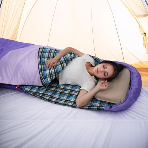 Cotton Flannel Lined Sleeping Bag for Adults Teens Kids, Cold Weather & Warm, 3 Seasons, Lightweight Compact Camping Essentials Equipment, Hiking, Outdoor, Travel - color: Deep Purple & Light Purple
