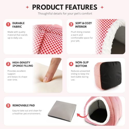 Rabbit Hideout Bed for Large Bunnies, Soft Plush Bunny House | Cozy Small Animal Hideaway with Removable Pad for Indoor Rabbits, Guinea Pigs, and Ferrets, Red - color: Red
