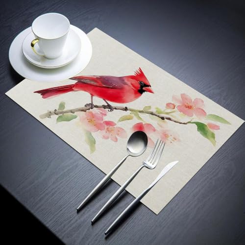 Moslion Red Bird Placemats Rustic Farm Animal Cardinal Wild Flowers Leaves Branch Cool Funny Table Placemats for Dinning Table Washable Cotton Linen 12x18 Inch, Set of 4…