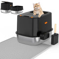 XL Stainless Steel Cat Litter Box with Lid, Top Entry, Mat & Scoop Included | XL for Big Cats, High Sides Enclosed Design, Anti-Urine Leakage, Non-Stick Odor-Free, Easy Clean, Reduce Litter Tracking - color: V-Black