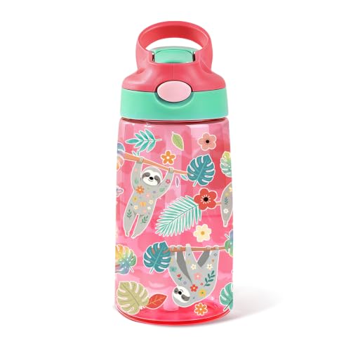 Kids Plastic Water Bottle - Sloth Water Bottle for Kids, 14oz Plastic Water Bottles with Straw Lid, Leakproof BPA-Free Cute Sloth Water Bottles for Home Sports Travel, Pop-Up Straw Cover, Pink - color: Sloth