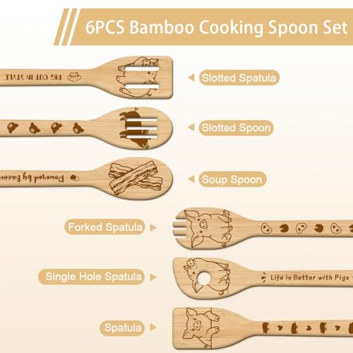 GLOBLELAND 6 Pcs Cute Pigs Wooden Spoons Utensil Set | Bamboo Carving, Engraved Cooking Spatula, Foods Bacon Design, Kitchen Cooking Utensils, House Warming Gift - color: Pig