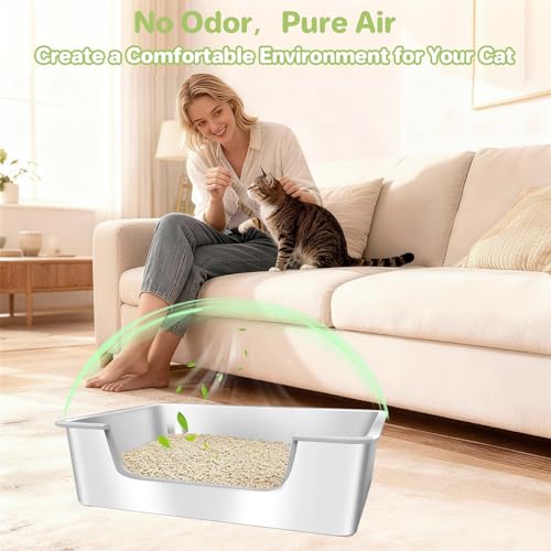2-Pack Low Entry Litter Box for Senior Disabled & Injured Cats, Stainless Steel High Sided Enclosed Easy Step in Entry-Metal Kitty Litter Box for Kittens, Odor Control (17.7"x13.8"x5.9") - size: 2PACK-17.7"x13.8"x5.9"-M