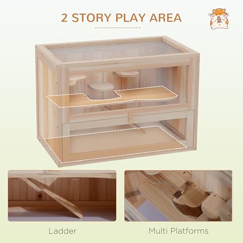 PawHut 2-Level Hamster Cage, Mouse Cage for Chinchillas, Natural | Mice and Rat House, Small Animal Habitat, Front Door, Shelf, Ladder, Openable Top - color: Natural Wood