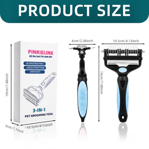 3-IN-1 Pet Grooming Tool - Undercoat Rake, Dematting Comb & Deshedding Brush for Cats, Dogs, Horses - Removes Mats, Tangles & Loose Fur, Reduces Shedding & Prevents Hair Mess (Blue) - color: Blue