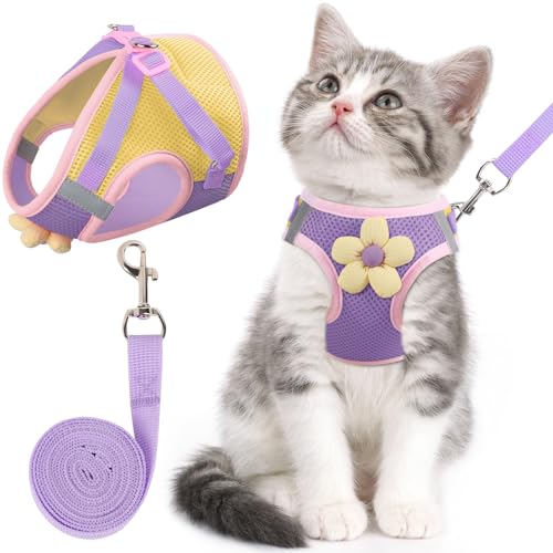 Cat Harness and Leash Set, Escape Proof Soft Vest Walk Purple XS | Adjustable, Easy Wear, Breathable Comfy Mesh, Reflective Strips, Sturdy Clip Buckle Flower Harness for Cats Kitty Puppy Bunny - color: Romantic Purple, size: Extra Small