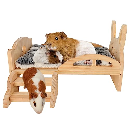 BWOGUE Wooden Guinea Pig Bed with Stairs, Guinea Pig Platform Bed | Guinea Pig Wood Bed Platform, 2-in-1 Design, Washable Soft Fleece Mat, 13.5 x 8.5 x 8.7 in, Hamsters & Chinchillas - size: 13.5''×9.3''×3.3''