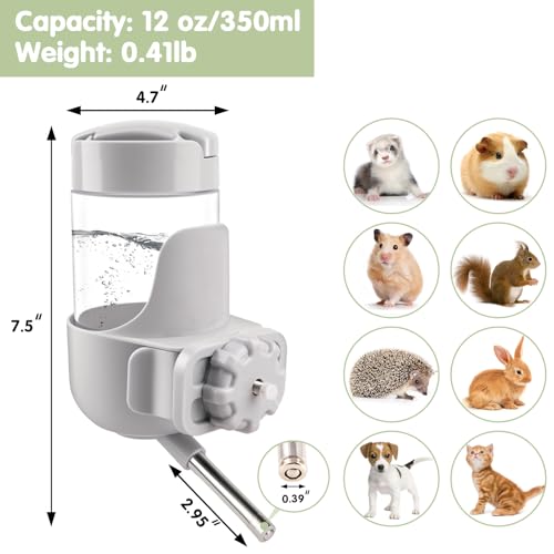 Depets Guinea Pig Water Bottle No Drip, 12 oz Small Animal Water Dispenser | Top Refill Cage Water Bottle with Screw Fastener, ABS Material, for Rabbit Hamster Rat Ferret Kitten, Gray
