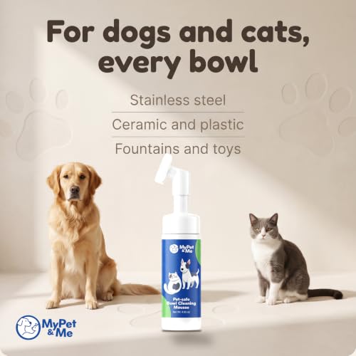 My Pet & Me Dog Bowl Cleaner Mousse, Built-in Scrub Brush, Enzyme Foam | Enzyme foam for slime & biofilm. Unscented, rinses clean. Steel, ceramic & plastic safe. Bowls, fountains & toys. 4.05 oz