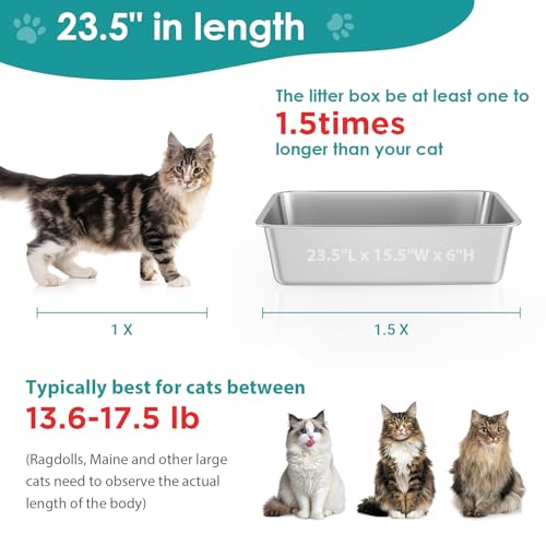 Stainless Steel Cat Litter Box, Large Metal Litter Box 23.5" Lx15.5 Wx6 H | Never Absorbs Odors,Stain Free, Rustproof, Non Stick Smooth Surface, Anti-Slip Rubber Bottom - color: 6" H, size: 23.5"L x 15.5"W