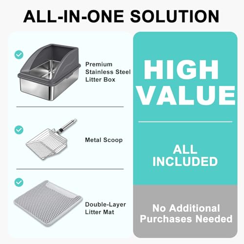 AIPERRO Stainless Steel Litter Box | XL Enclosed Cat Litter Boxs with Lid for Big Cats | High Sided, Anti-Urine Leakage | Non-Stick Bottom & Includes Litter Mat & Metal Scoop (Dark Gray) - color: Dark Grey, size: X-Large