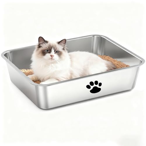 Stainless Steel Cat Litter Box, Large Metal Litter Pan,Low Entry for Cats and Kitty Rabbits,Elder Cats,Easy Clean, Non Stick Litter Box, No Smell - size: 20" x 14" x 4"