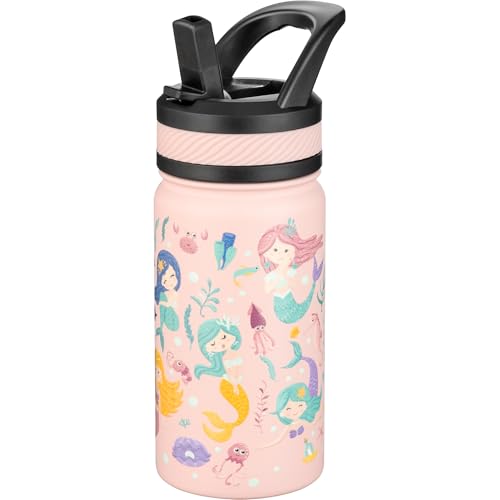 Fanhaw 14 oz Kids Water Bottle for School, Insulated Water Bottle with Straw Lid, Stainless Steel Vacuum Insulated Bottle for Boys & Girls, Leak-Proof, BPA Free(Pink - Sweat Mermaids) - color: Pink - Sweat Mermaids