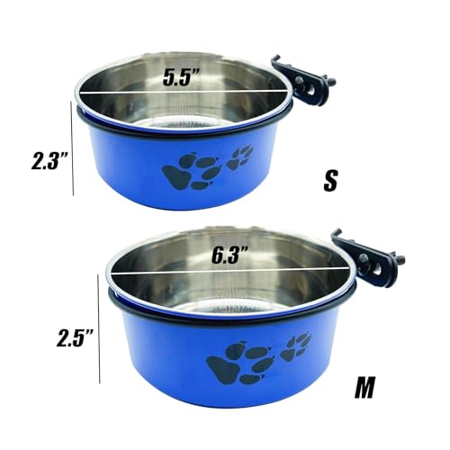 Dog Crate Food and Water Bowl 2Pcs Small Pet Hanging Kennel Removable Dish Feeding Cup with Holder for Medium Large Size Cat Puppy (Blue, 5.5''X2.3''&6.3‘’X2.5'') - color: blue