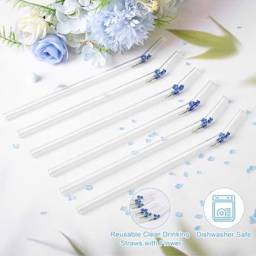 6Pcs Cute Glass Straws Shatter Resistant with 2 Cleaning Brushes, Reusable Glass Straws with Charms- Forget Me Not Blue Flowers, Party Decorations, Juice, Birthday Party(Dishwasher Safe) - style: Forget Me Not Flowers