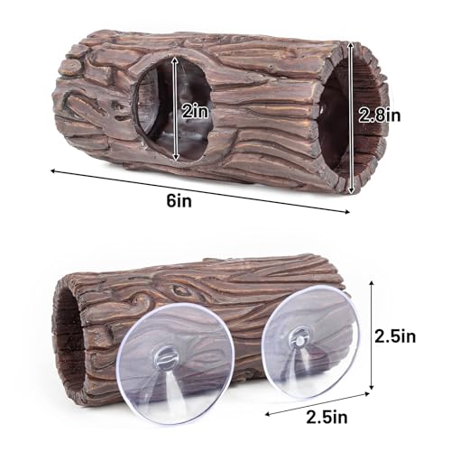 Reptile Hide, Resin Hollow Log Hideout with 2pcs Powerful Suction Cup, Reptile Tank Accessories Climbing Toys Terrarium Hideaway Caves Decor for Gecko, Lizard, Snakes, Hermit Crabs, Forgs