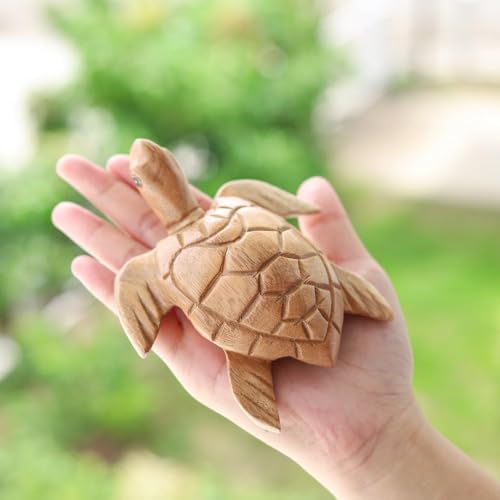 Hand Carved Wooden Sea Turtle Figurine, Handmade Sea Turtle Statue, Coastal Beach House Decor, Wooden Marine Animal Sculpture, Gift for Turtle Lovers (Natural Color Sea Turtle) - color: Natural Color Sea Turtle