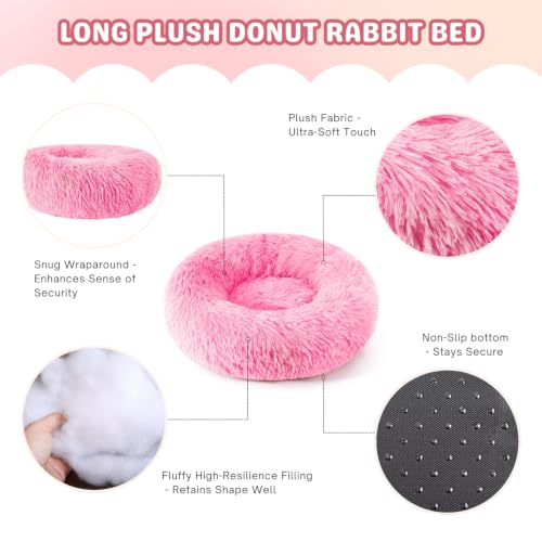 Rabbit Bed, Long Plush Donut Shaped Bunny Hideout - Bright Pink | Washable Soft Pet Bedding Mat for Guinea Pig, Kitten, Chihuahua & Small Pets for Snuggling Resting - color: Bright Pink