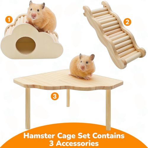 Hamster Cage Accessories, 3 pcs Wooden Platform Set, Hamster Wooden House Hideout, Wood Ladder Bridge, Climbing Toys, Small Animals Habitat Decor for Dwarf Gerbil Mouse Mice Rat and Other Small Pets