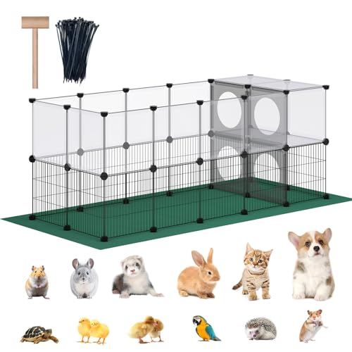 DINMO 36 Panels Small Animal Playpen with Oxford Mat & Game Holes, 60.2 x 24.8 x 24.8 inches, Kitten Enclosure, Rabbit Cage, Bunny Play Pen, Iron Mesh & Plastic Combination, Visualization, DIY - style: Plastic and Metal Mesh Design