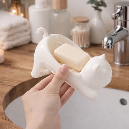 Cat Shape Soap Dish, Plastic Cute White Cat Soap Dish with Drainage Holes, Non-Slip Animal Sponge Holder Bathroom Storage Container for Bathroom, Sink, Tub Sink, Shower, Kitchen Counter