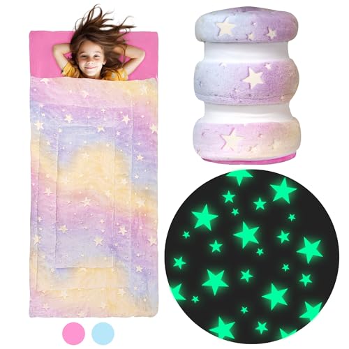 Kids Sleeping Bag for Boys & Girls - Glow in The Dark for Ages 3+, Large With Pillow Pocket, Extra Soft Toddler Blanket (66" x 33") - color: Rainbow - Stars