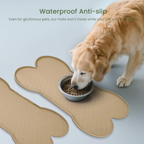 PWTAA Dog Food Mat Anti-Slip Silicone Dog Bowl Mat Thicker Pet Placemat Waterproof Cat Feeder Pad with Raised Edge Puppy Kitten Feeding Mats Suitable Small Medium-Sized Dogs Cats Eating Tray - 2PCS - color: Khaki, size: 19.4" x 9.8"-2PCS