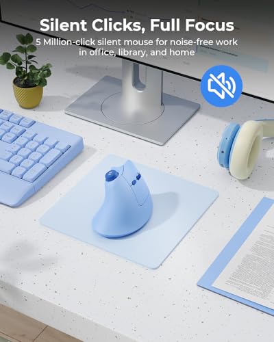seenda MOU-302 Wireless Bluetooth Ergonomic Vertical Mouse with Volume Knob | Rechargeable 3-device mice for small/medium hands with quiet clicks, 1000/1600/2400 DPI for PC, laptop, MacBook, Light Blue - color: Light Blue
