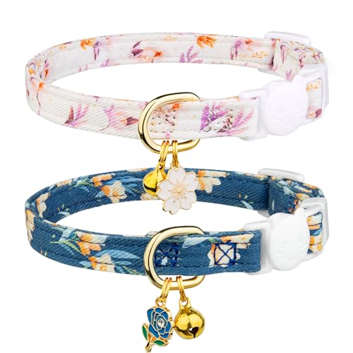 2 Pack Cotton Cat Collar White and Blue Flowers Cute Kitten Cat Collar | Breakaway Breathable Soft material With cute pendants with Bell - color: White&Blue