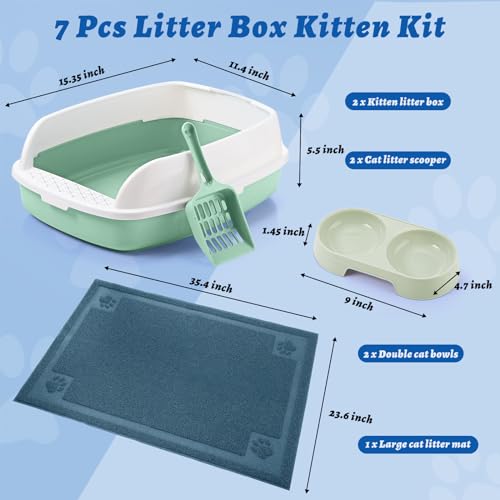 Sliner 7 Pcs Kitten Litter Box Starter Kit, 2 Plastic Small Kitty Litter Box Training Low Entry with Scoop, 2 Double Cat Bowl and Mat for Kitten Indoor(Green) - color: Green