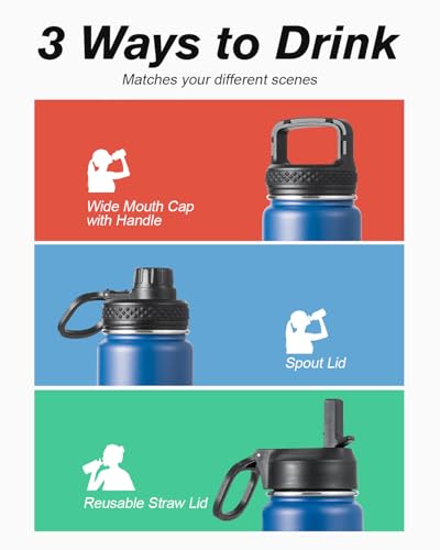 Coolflask 24 oz Insulated Water Bottle with Straw & 3 Leakproof Lids | Water Flask Stainless Steel Triple-Wall Vacuum, Cupholder Friendly, Cold 48+h, Dishwasher Safe, Non-BPA, for Gym & Hiking - color: King's Blue, size: 24 Ounces