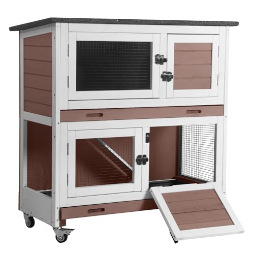 Aivituvin 2-Tier Rabbit Hutch with Tarp Door and Wheels Bunny Cage Indoor Outdoor Guinea Pig Cage Expandable with Pet Playpen 36" L, Brown