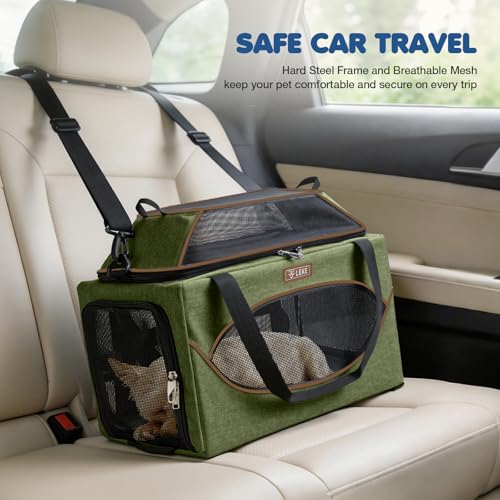 Lekereise Top-Expandable Pet Carrier 18x11x11Inch Delta American United Airline Approved Underseat to 15lbs Stable Car Travel Carriers for Small Dogs Cats with Locking Safety Zippers Anti-Scratch Mesh - color: Dark Green, size: 18"x11"x11"