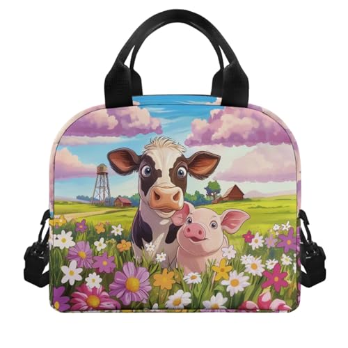 Cow and Pig Backpack for Girls Bookbag with Lunch Box Cup Sleeve Cute Pencil Case 4 PCS Set Bookbag with Compartment 4Th Grade Kid 8-10 Years Old School Bag for Camping Picnic - color: Cow and Pig