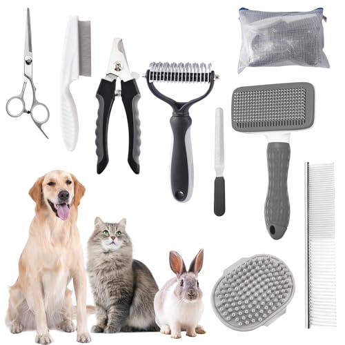 Dog Brush for Shedding,9 PCS in One Pet Slicker Hair Brush Kit with Pet Nail Clipper and File - Dog Cat Grooming Deshedding Undercoat Rake Brush Comb for All Small Large Dogs Cats Grey - color: 9-Grey