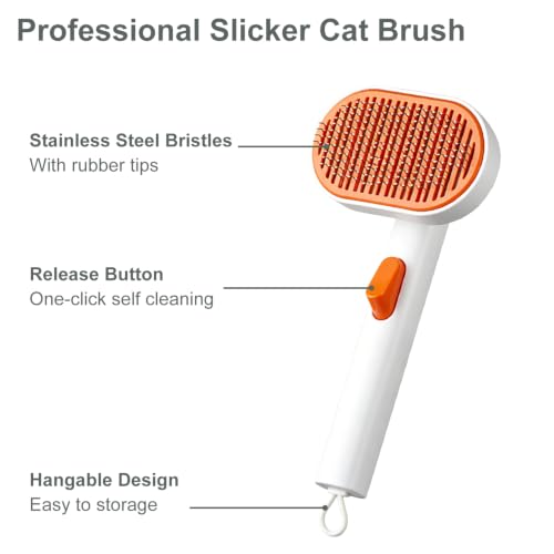 Cat Brush for Shedding, Self-Cleaning Slicker Brush | Self-Cleaning Slicker Brush, Kittens & Rabbits Removes Loose Fur, Undercoat Deshedding Comb with One-Click Cleaning