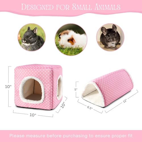 Guinea Pig Hideout, Dwarf Rabbit Bed with Play Tunnel, Washable Fleece House for Dwarf Bunnies, Chinchillas, Hedgehogs, Small Animal Cage Accessories Pink Dot - color: Pink