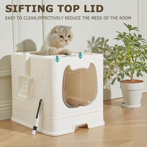 Cat Litter Box with Lid, Covered Top Entry Kitten Litter Pan for Small and Medium Cats, Anti-Splashing Kitty Potty with Slide-Out Litter Tray - color: White