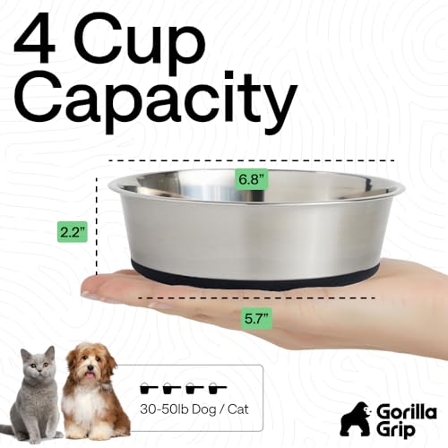 GORILLA GRIP Dog Bowl, Holds 4 Cups (32 fl oz), Food Grade 304 Stainless Steel Food and Water Bowl for Feeding Dogs and Cats, BPA Free Rubber Base, Easy Clean, Dishwasher Safe, Rust Resistant, Black - color: Black, size: 4 Cup (32 Oz)