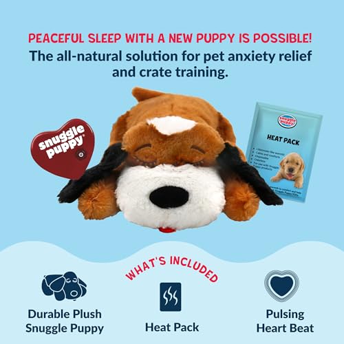 Snuggle Puppy Heartbeat Dog Toy for Puppies, Real-Feel Heartbeat, Calming Sleep Aid and Crate Training Comfort Toy with Heat Pack, Brown & White Beagle | Calming heartbeat toy, crate training comfort, heat pack, new puppy essentials, first nights, sleep,
