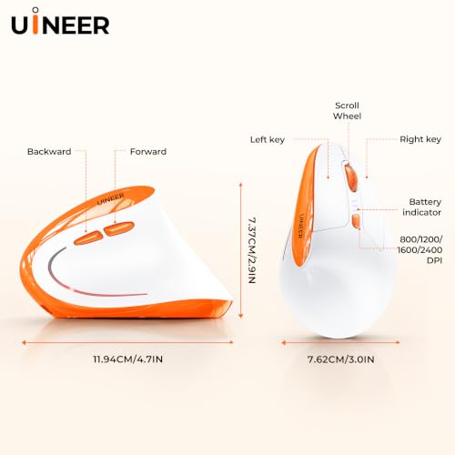 Uineer Vertical Ergonomic Mouse, Wireless Bluetooth Mouse, 3-Device | Switch among 3 devices via dual Bluetooth and 2.4G; rechargeable with 7-color ambient lighting. - color: Orange