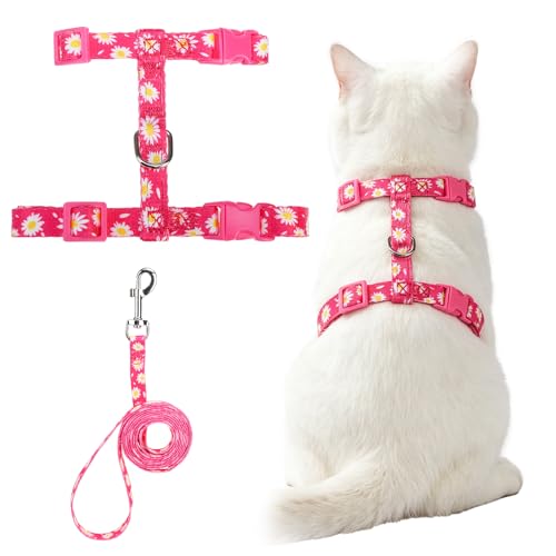 PUPTECK Adjustable Cat Harness and Leash Set Escape Proof Kitten Strap Collar for Walking Travel, Daisy Pattern - color: Fuchsia(Daisy), size: Small