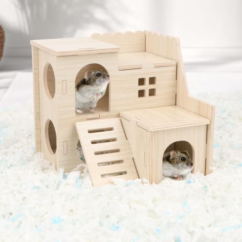 Wontee Dwarf Hamster Hideout Wooden House Maze Fun Slide Double-Decker Hut for Dwarf Hamsters Gerbils Mice or Similar Sized Pets
