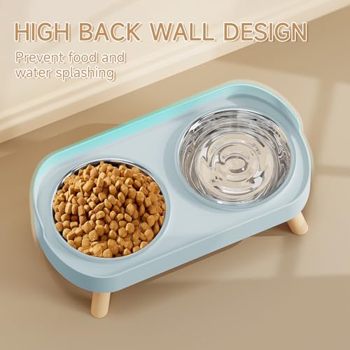 Elevated Cat Bowl, Raised Cat Food and Water Bowl Set for Indoor Cats, Splash Proof with 2 Stainless Steel Pet Food Bowls for Cats and Puppies, Whisker Fatigue and Dishwasher Safe - Blue - color: Cat Bowls-Blue