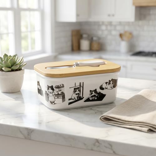 Cute Cat Kitten Print Ceramic Butter Dish with Bamboo Lid & Butter Knife, Covered Butter Container, Butter Keeper Fits Standard Western Butter Stick for Kitchen Countertop Fridge Storage - color: funny cat