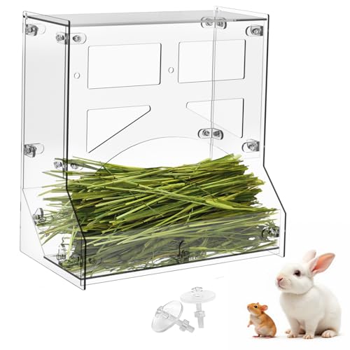 Large Acrylic Rabbit Hay Feeder with Lid, Transparent Hanging Food Dispenser Hay Feeder for Bunny Rabbits Guinea Pig Cage Chinchillas Hamsters Small Pets and Animals（Large - size: L
