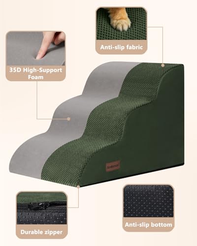Aodisman Dog Stairs for Small Dogs,3 Step Dog Ramp for Couch,Non-Slip Steps | Pet stairs help small dogs, old cats, and puppies reach couches and chairs easily, durable indoor dog steps,15.4" H, Green - color: Green