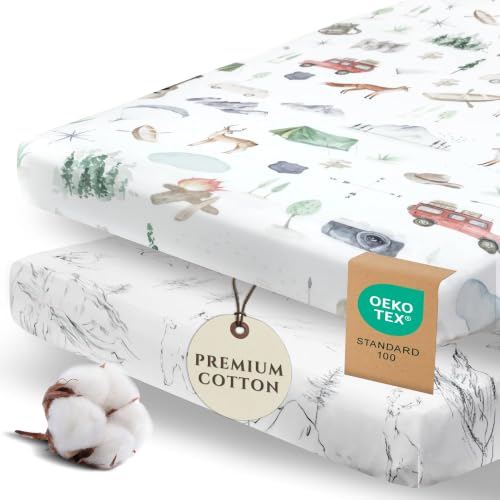 Pobi Baby Pack N Play Sheets for Boys, 2-Pack, Cotton Blend (Explore) | Playard Sheet, 2-Pack, Graco 38x26, Cotton, Mini Crib Sheet, Soft, Snug, Safe, Pack n Play, Playpen, Travel, Machine Wash - color: Explore