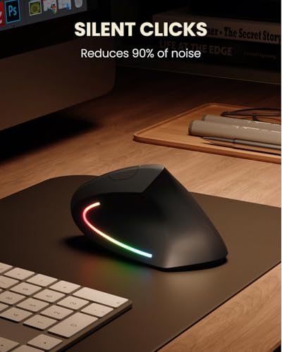 POJTK Wireless Rechargeable Ergonomic Mouse, Bluetooth+USB A+Type C(3 in 1) Connection, Up to 4800 DPI, 6 Silent Buttons, 2.4GHz Carpal Tunnel Vertical Mice, for Desktop,Laptop,MacBook-Black-Upgraded